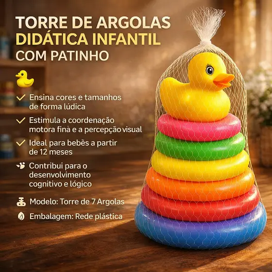Torre de Argolas Infantil Educativo com Cores Vibrantes Brinquedo Sensorial e Didático para Bebês