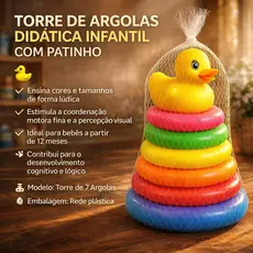 Torre de Argolas Infantil Educativo com Cores Vibrantes Brinquedo Sensorial e Didático para Bebês
