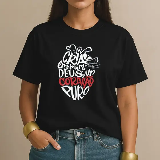 Camiseta 100% Algodão Cria em Mim Deus um Coração Puro Camisa Cristã Feminina Casual para Dia a Dia