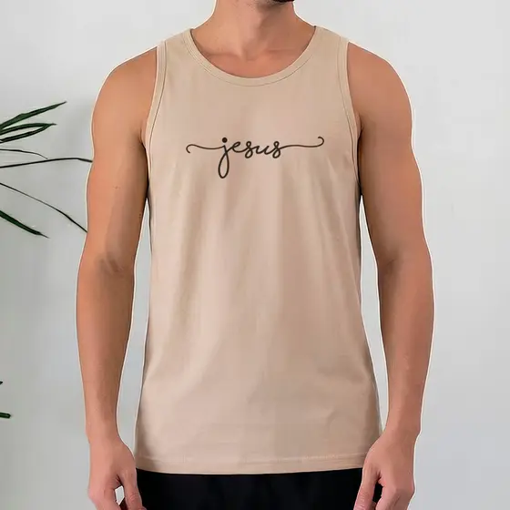 Regata Masculina 100% Algodão Jesus Minimalista Fé Cristã Estilo Estampa Simples Casual Dia a Dia
