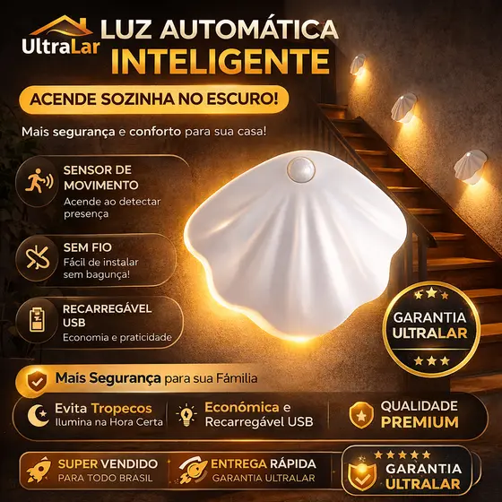Arandela Modelo Concha de LED Sem Fio Com Sensor De Movimento 3 Luzes Recarregável Quarto Parede