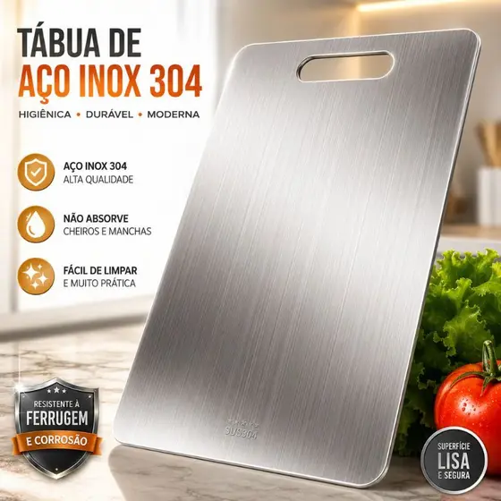 Tábua de Corte Profissional Aço Inox 304 Higiênica Antibacteriana Carne Frutas Legumes P ou G