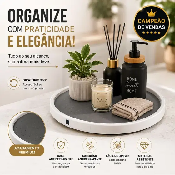 Bandeja Giratória Organizadora 360 Graus 25cm Base Silicone para Cozinha Armário Geladeira Banheiro