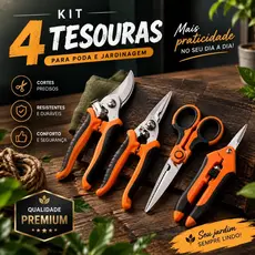 Kit Poda Jardinagem 3 ou 4 Tesouras Aço Inox Bypass Micro Ponta Plantas Flores Bonsai Horta