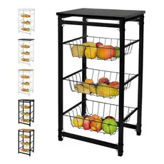 Fruteira de Chão Com 3 Cestos para Cozinha Tampo Madeira MDF Modelo Florença Suporte em Aço