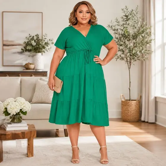 Vestido Feminino Plus Size Midi Elegante Premium Confortável Moda Mulher Dia a Dia Casual