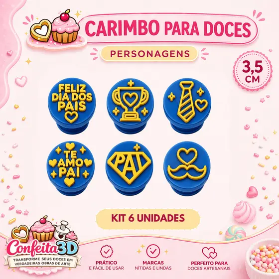 Kit Carimbos para Doces Dia dos Pais 3D | Carimbo Brigadeiro Biscuit Pasta Americana