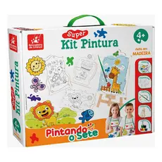 Kit Pintura Infantil Pintando o Sete - 4 Telas + Cavalete +6 Tintas +Pincel +Avental +Godê   - brinquedo educativo