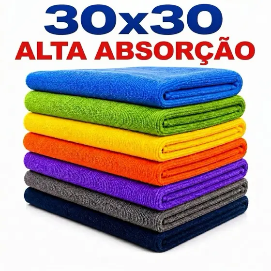 Kit com Panos de Microfibra 30x30 Multiuso Alta Absorção Limpeza Automotiva e Doméstica