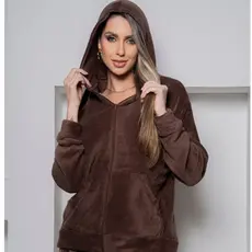 Casaco Feminino Inverno Veludo Molhado Pelinhos Felpulda Capuz e Ziper Moda 2025 - SM