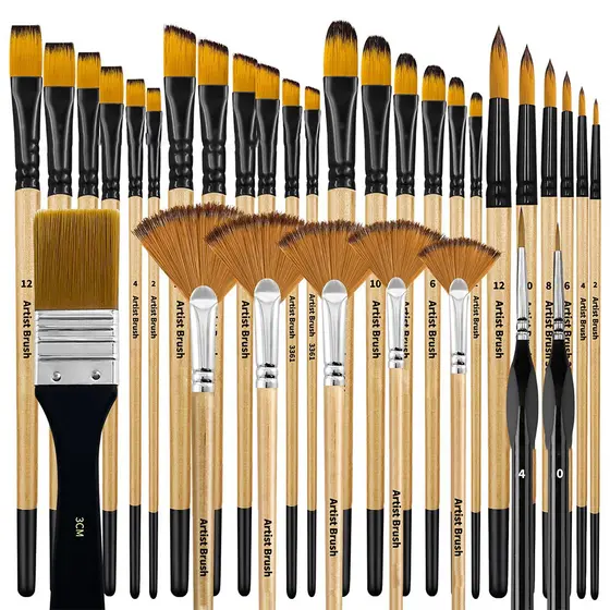 Kit 32 Peças Pincéis De Pintura Para Acrílica, Cerdas De Nylon Premium Com Redondo, Filbert, Plano, Ventilador