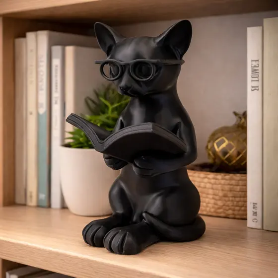 Gato Decorativo Leitor com Oculos Enfeite Estante Mesa Escritorio Intelectual