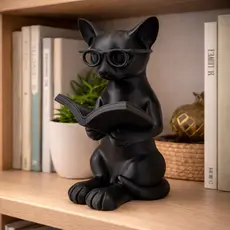 Gato Decorativo Leitor com Oculos Enfeite Estante Mesa Escritorio Intelectual