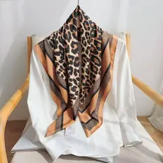 Lenço Com Acabamento De Cetim Estampa De Onça De 90x90 Quadrado De Seda Simulado Leve Para Mulheres , Primavera Ve