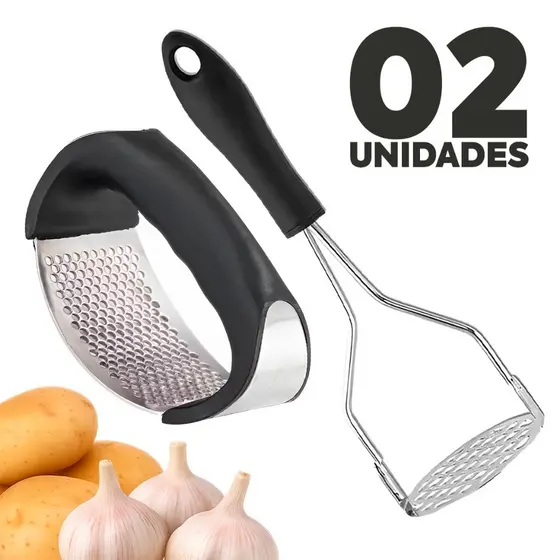 Kit de Cozinha em Inox: Amassador de Batata e Espremedor de Alho Resistente