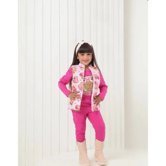 Conjunto Capivara Blusa Manga Colete Calça Estampado Infantil