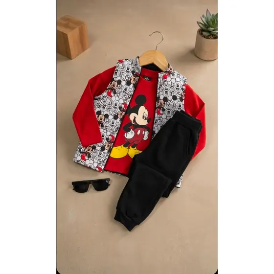 Conjunto Infantil Menino 3 Peças Camiseta Colete Calça Moletom Estampa Desenho Inverno 2 3 4 5 6 7 8 Anos