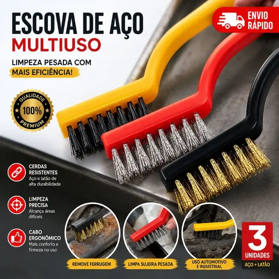 Escovas de Aço Multiuso Aço Latão Nylon Cabo Plástico