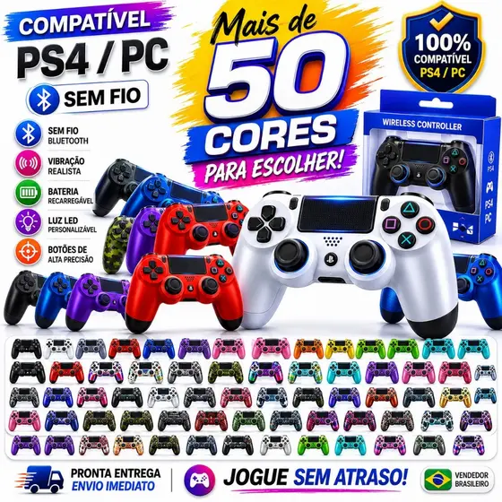 Controle Sem Fio Compatível PS4 PC Bluetooth Dualshock Alta Performance Várias Cores
