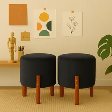 Kit 2 Puffs Banquinho Decorativo Redondo Veludo Luxo Pés em Madeira Maciça - Casa Viva Decor