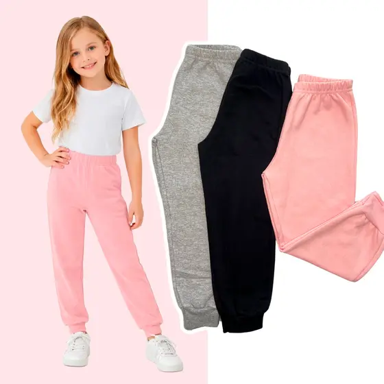 Kit 4 Calças de Moletom Infantil Feminina Flaneladas com Elástico Confortáveis Outono Inverno