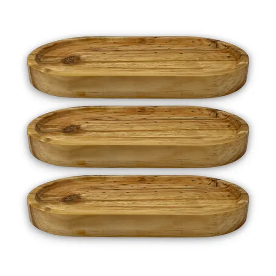 Kit 3 Bandejas P Oval Curva Rústica 15cm Madeira Pinus Natural