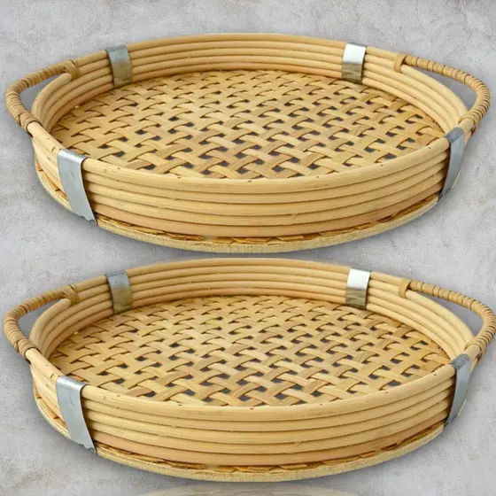 Kit 2 Bandejas Rattan Redonda 35cm Alça Servir Decorar Mesa Posta