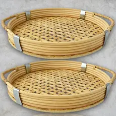 Kit 2 Bandejas Rattan Redonda 35cm Alça Servir Decorar Mesa Posta