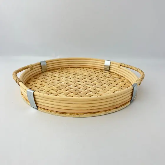 Bandeja Rattan Redonda 35cm Alça Servir Decorar Mesa Posta