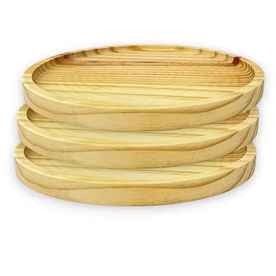 Kit 3 Bandejas Petisqueira Redonda Prato Servir Madeira Pinus 27cm