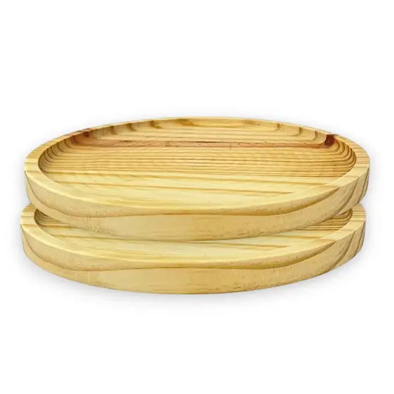 Kit 2 Bandejas Petisqueira Redonda Prato Servir Madeira Pinus 27cm