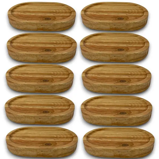 Kit 10 Bandejas P Oval Curva Rústica 15cm Madeira Pinus Natural