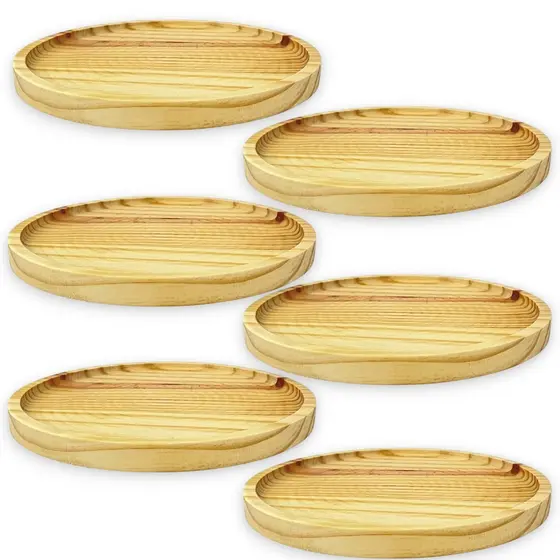 Kit 6 Bandejas Petisqueira Redonda Prato Servir Madeira Pinus 27cm