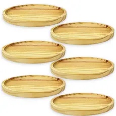 Kit 6 Bandejas Petisqueira Redonda Prato Servir Madeira Pinus 27cm