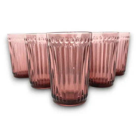 6 Copos Decorados Bebidas Marsala Roxa Vidro Canelado 370ml