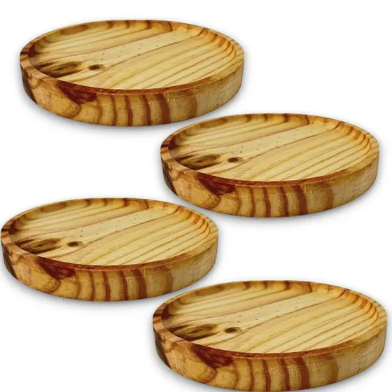 kit 4 Bandejas Redondas Prato Servir Petisqueira Madeira Aperitivos 21 cm