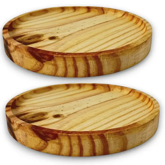 kit 2 Bandejas Redondas Prato Servir Petisqueira Madeira Aperitivos 21 cm
