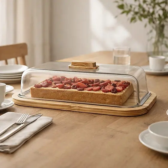 Boleira Porta Tortas Retangular Grande Madeira Vidro 40cm