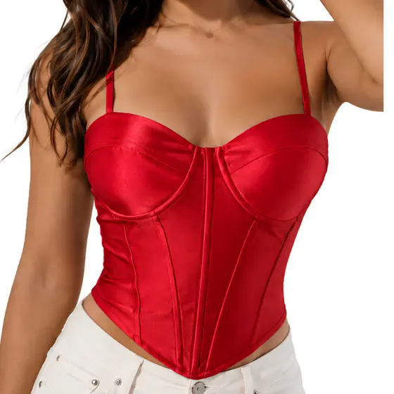 Cropped Corset Feminino malha Acetinado Alça Fina com Ziper Nas Costas