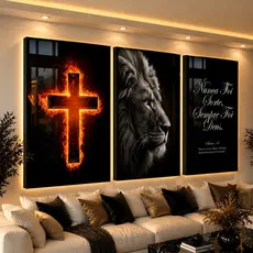 Quadro Decorativo Grande Leao De Juda Sala Cruz Chamas Hall 122x60 4K