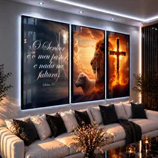 Quadro Leao Treva Cordeiro Decorativo Cruz Chamas Salmo 23 Sala 122x60