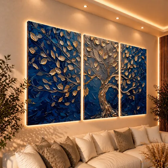 Kit 3 Quadro Decorativo Sala Arvore Da Vida Gold Blue Luxo 122x60 4k