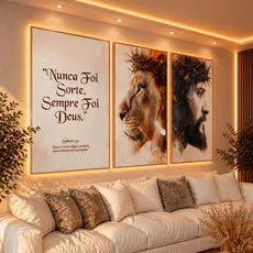 Quadro Decorativo Sempre Foi Deus Leao Cristo  Kit 3 Peças Sala 122x60