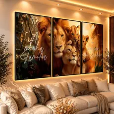 Quadro Leao Leoa Filhote Decorativo Sala Familia Benção Hall 122x60 3 Peças