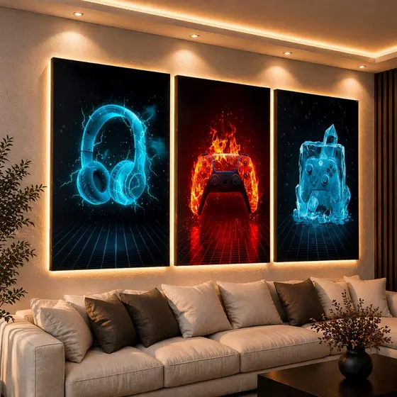 Quadro Decorativo Game Sala Controle Gelo Fogo Neon Quarto 122x60 3pç
