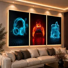 Quadro Decorativo Game Sala Controle Gelo Fogo Neon Quarto 122x60 3pç