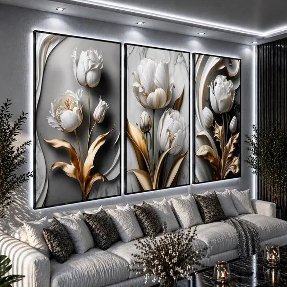 Quadros Decorativos Mosaico 3 Peças Sala Tulipa White Black 122x60