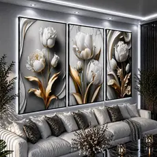 Quadros Decorativos Mosaico 3 Peças Sala Tulipa White Black 122x60