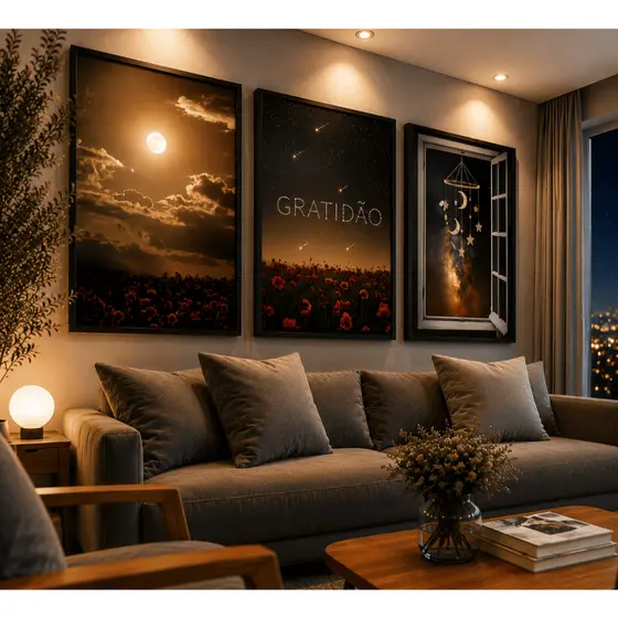 Quadros Decorativos Noite Estelar Gratidão Lua Sala 122x60