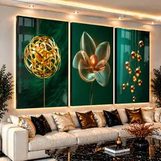 Quadro Decorativo Flor Gold Lustre Green Sala Quarto 122x60 Hall